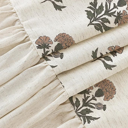 ORTIGIA Linen Textured Ruffle Shower Curtain with Metal Hooks, Vintage Terracotta Brown Floral Block Print Boho Waterproof Bath Curtain for Rustic Farmhouse Bathroom Decor 72x72 Inch