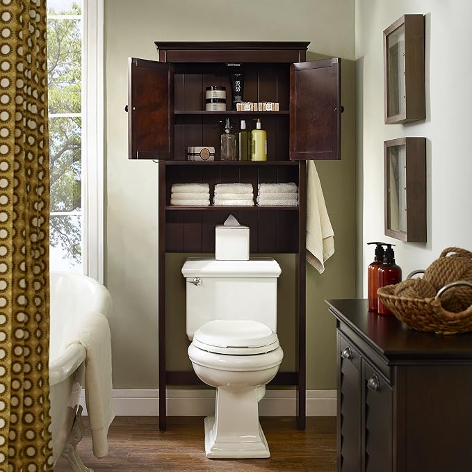 Crosley Furniture Lydia Over The Toilet Storage Cabinet and Bathroom Organizer with Hooks and Shelves, Espresso