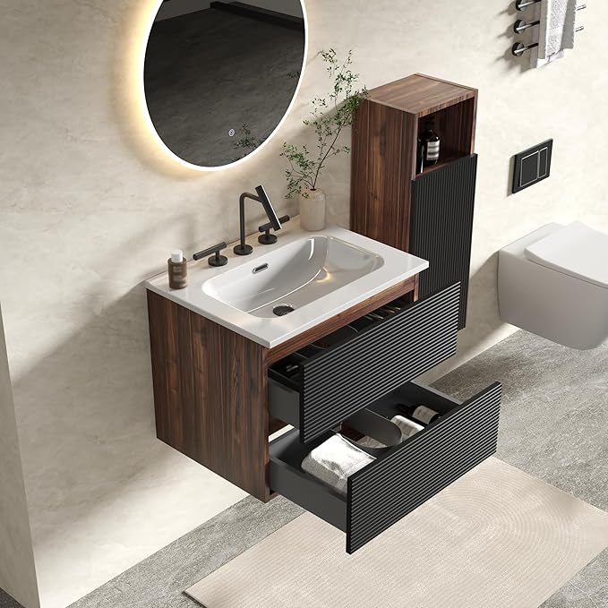 24" Floating Bathroom Vanity with Sink, Modern Wall Mounted Floating Vanity with Ceramic Sink, Double Soft-Close Drawers for Small Space, Apartment, Walnut+Black