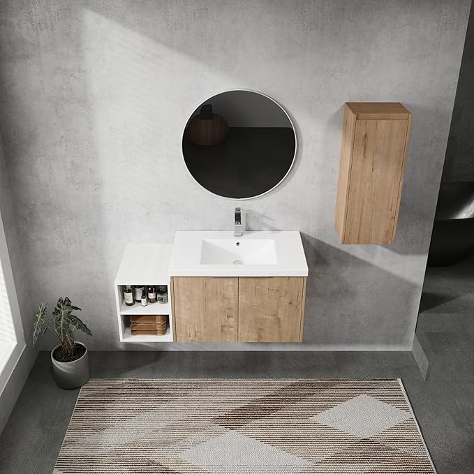 Henf 42" Floating Bathroom Vanity with Sink for Compact Space, Brown Wall Mount Bathroom Vanity Cabinet with Sink Combo, 42 Inch Bathroom Vanities Set with Open Storage Shelf & Side Cabinet