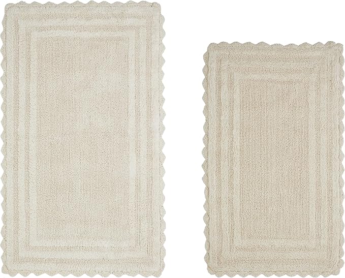 Better Trends 2 Piece Lilly Crochet Rug Set 100% Cotton Soft Luxury Long Bathroom Rug Reversible Absorbent Washable Bath Mat for Bathroom Floor Decor Tub 21”x34”24"x40" Ivory
