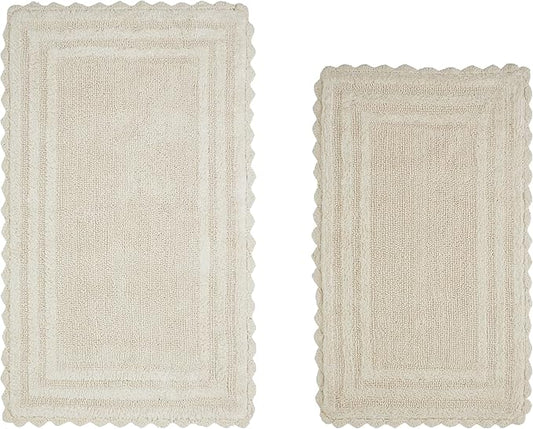 Better Trends 2 Piece Lilly Crochet Rug Set 100% Cotton Soft Luxury Long Bathroom Rug Reversible Absorbent Washable Bath Mat for Bathroom Floor Decor Tub 21”x34”24"x40" Ivory