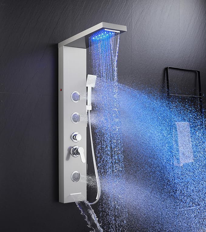 5 in 1 Shower Panel Tower System with LED Lights, Rainfall and Waterfall Shower Head, 3 Pcs Adjustable Body Jets, Handheld Shower, Tub Spout (Brushed Nickel)