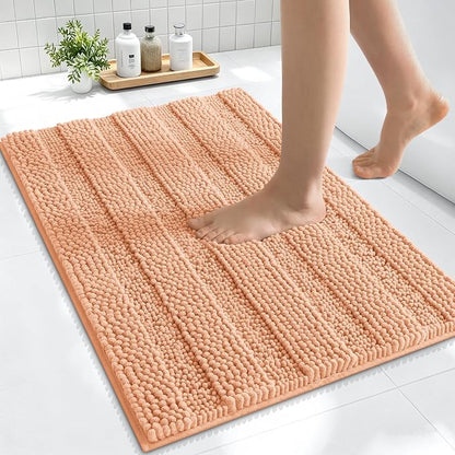 Smiry Thick Small Chenille Bathroom Rugs 24x16, Absorbent Bath Mat, Peach | Quick‑Dry & Machine Washable, Non‑Slip Bath Carpet, Soft Striped Bath Rugs for Tub & Shower, Modern Home Decor Accessories