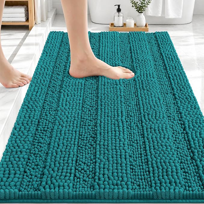 OLANLY Thick Bathroom Rugs 30x20, Chenille Striped Bath Rugs, Deep Lake | Rubber Backing, Machine Wash, Extra Soft Absorbent Bath Mats for Bathroom Floor, Tub and Shower, Home Decor Accessories