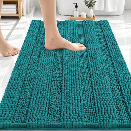 OLANLY Thick Bathroom Rugs 30x20, Chenille Striped Bath Rugs, Deep Lake | Rubber Backing, Machine Wash, Extra Soft Absorbent Bath Mats for Bathroom Floor, Tub and Shower, Home Decor Accessories