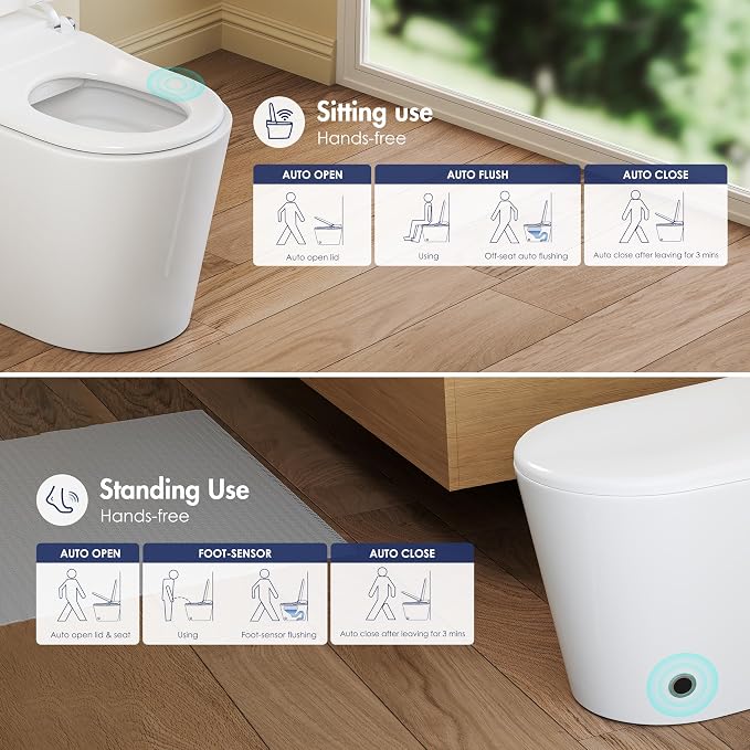 One Piece Smart Bidet Toilet, Auto Lid, Wash & Dry, White | Foot Sensor Flush, Heated Seat, Instant Warm Water, Adjustable Wash Settings, Self Cleaning Wand, Auto Flush, Pre Wet