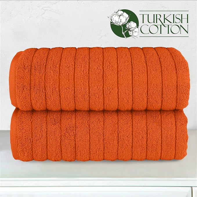 Elegant Comfort 100% Turkish Cotton Corduroy Ribbed Luxury Soft 2 Pack Bath Towels 27 x 54 Inch - Ultra Plush, Absorbent, Quick Dry, Hotel Spa Quality Towels for Bathroom Essentials, Orange