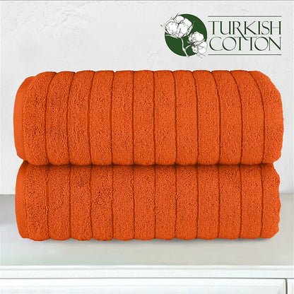 Elegant Comfort 100% Turkish Cotton Corduroy Ribbed Luxury Soft 2 Pack Bath Towels 27 x 54 Inch - Ultra Plush, Absorbent, Quick Dry, Hotel Spa Quality Towels for Bathroom Essentials, Orange