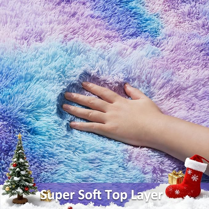 Ophanie Rainbow Purple Rug for Bedroom Girls,Unicorn Colorful Mermaid Fluffy Soft Cute Fuzzy Area Rugs,Shag Plush Shaggy 4x6 Furry Carpet for Kids Baby Teen Dorm Decor with Over 99 pcs Pile fibers