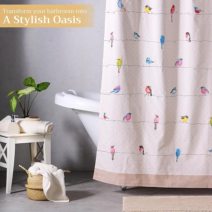 Maison d' Hermine Shower Curtain 100% Cotton One Panel 70"x72" Washable Fabric Shower Curtains for Bathroom, Easy Hanging with 12 Button Holes - Home Hotel Spa Easter Gifts (Birdies on Wire)