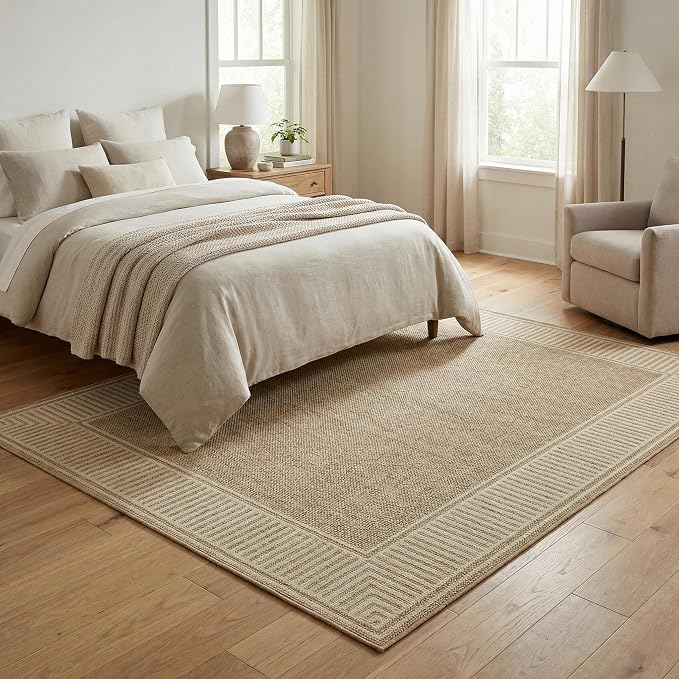 Garvee Modern Bordered Neutral Rugs for Living Room 8x10 Washable Rug Jute | Large Non Slip Low Pile Soft Carpet Foldable Non-Shedding Woven Printed Floor Cover for Bedroom Playroom Nursery Office Dorm