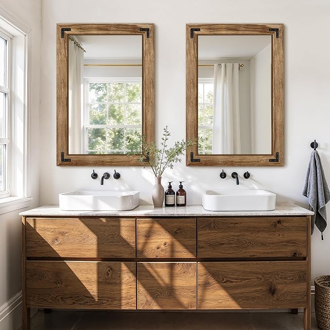 Bathroom Mirror for Wall, 26" x 38" Wooden Vanity Mirror | Solid Wood Frame, Rustic Farmhouse Style, Shatterproof Glass, for Bedroom, Living Room, Entryway Decor, Vertical/Horizontal