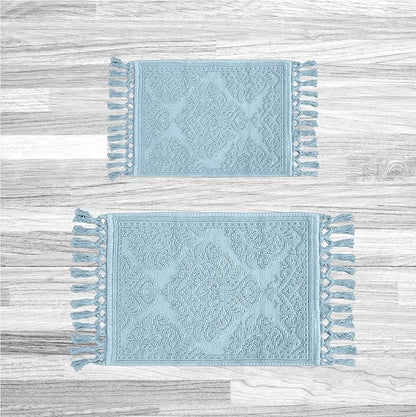 Jean Pierre – Ricardo Bath Mats, Set of 2 Woven Fringe Bathroom Rugs, 100% Cotton, Premium Bathroom Decor - Measures 17" x 31" and 21” x 41”- Light Blue