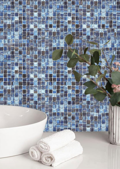 Glass Mosaic Tile Backsplash, 12” x 12” Mesh-Mounted Dark Blue Glass Wall Tile for Kitchen Bathroom Swimming Pool (8 Sheets, 8 sq.ft)