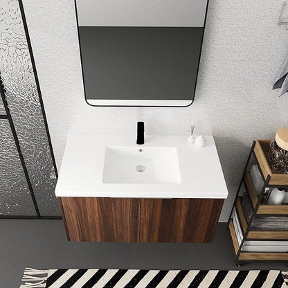 36-Inch Wall Mount Bathroom Vanity With Sink Combo for Home and Company - Modern Floating Walnut Cabinet With Resin Countertop, Double Doors, and Silver Handle