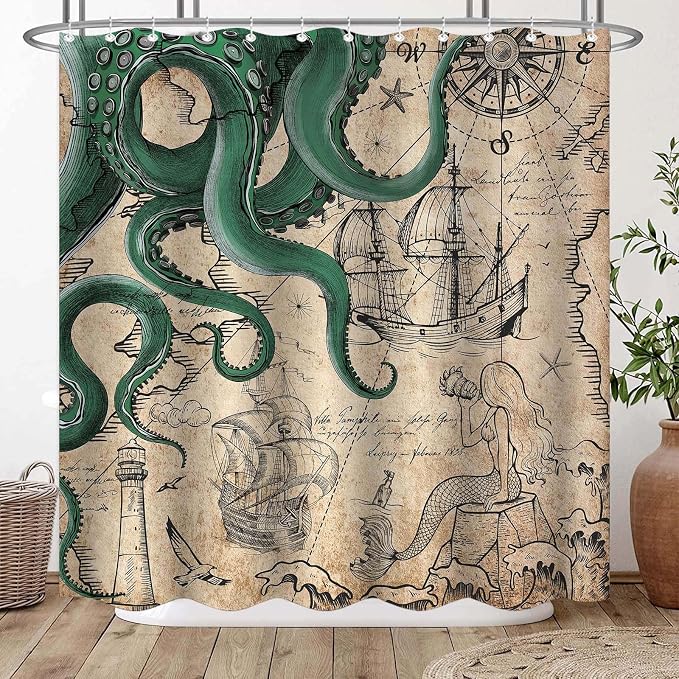 Fungarth Vintage Green Nautical Octopus Shower Curtain Mermaid Funny Ocean Kraken Shower Curtains for Bathroom Cool Anchor Coastal Map Waterproof Fabric Bath Curtain with Hooks (Retro2, 72” x 72”)