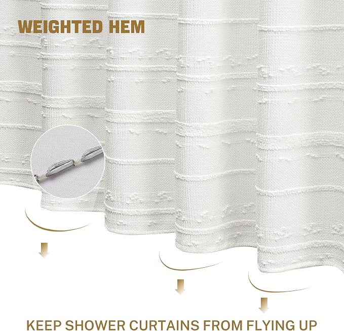 Farmhouse White Shower Curtain Boho, 72 x 72 Cotton Blend Tufted Weave Waffle Stripe Textured Heavy Duty, Fabric Shower Curtain for Bathroom, Hotel