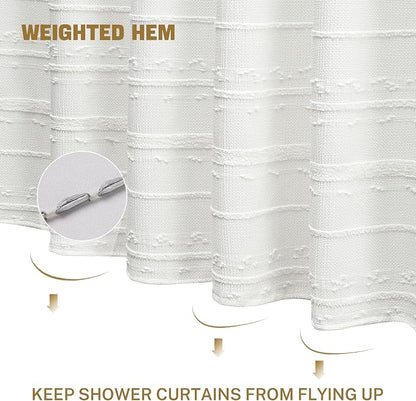 Farmhouse White Shower Curtain Boho, 72 x 72 Cotton Blend Tufted Weave Waffle Stripe Textured Heavy Duty, Fabric Shower Curtain for Bathroom, Hotel