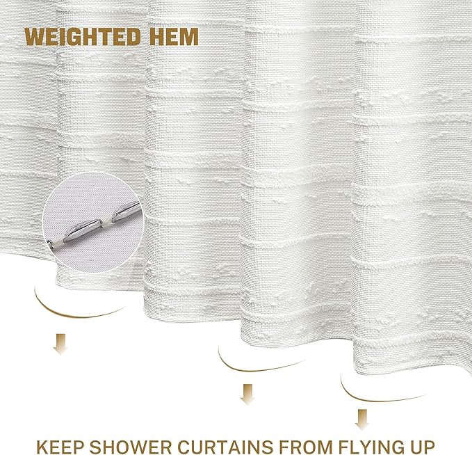 Extra Long Farmhouse White Shower Curtain Boho, 72 x 78 Cotton Blend Tufted Weave Waffle Stripe Textured Heavy Duty, Fabric Shower Curtain for Bathroom, Hotel