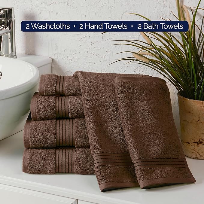 Elegant Comfort Premium Cotton 6-Piece Towel Set, Includes 2 Washcloths, 2 Hand Towels and 2 Bath Towels, 100% Turkish Cotton - Highly Absorbent and Super Soft Towels for Bathroom, Brown