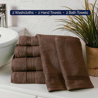 Elegant Comfort Premium Cotton 6-Piece Towel Set, Includes 2 Washcloths, 2 Hand Towels and 2 Bath Towels, 100% Turkish Cotton - Highly Absorbent and Super Soft Towels for Bathroom, Brown