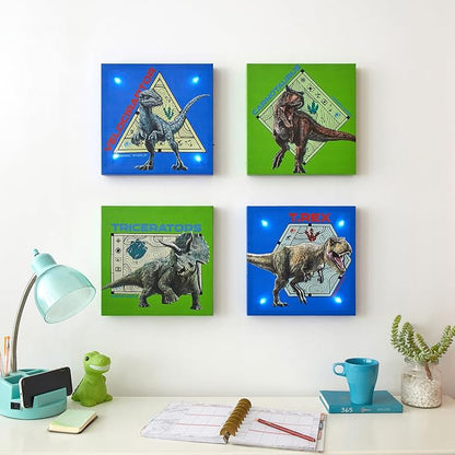 Idea Nuova Universal Jurassic World Canvas 4 Pack LED Wall Art Set,Childrens Wall Hanging Décor,Each Piece 11"x11"