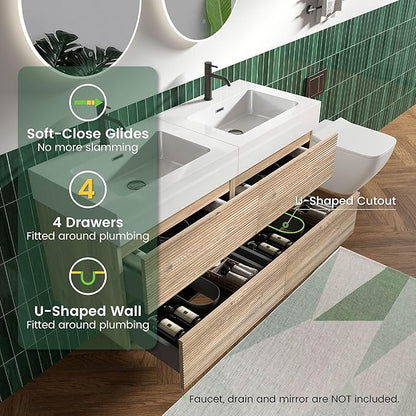 48" Floating Bathroom Vanity with Sink Combo, Modern Floating Double Sink Bathroom Vanity with Solid Surface Tops & 4 Soft-Closing Drawers, Large Storage for Powder Room, Apartment, Rough Oak