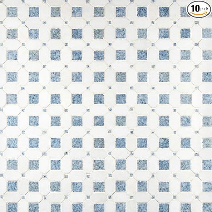 MSI Azula Hatchwork 12 in. x 12 in. Geometric Squares Polished Marble Mesh-Mounted Mosaic Wall Tile for Bathroom, Floor Tile and Kitchen Backsplash, White, Blue