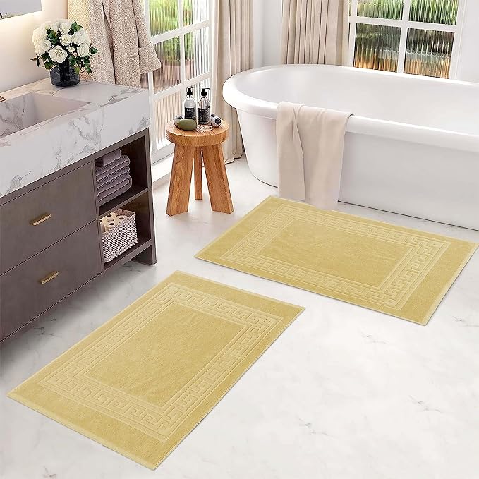 Superior Heavyweight Cotton Bath Mats, Bath Rugs For Bathroom Accessories, Washable Rug For Shower, Bath, Toilet, Modern Decor, No Backing, Luxury Hotel And Spa Quality, Set of 2, 22" x 35", Canary