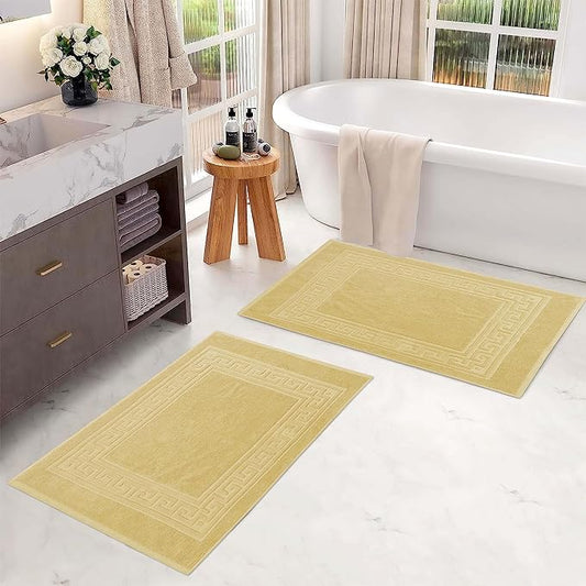 Superior Heavyweight Cotton Bath Mats, Bath Rugs For Bathroom Accessories, Washable Rug For Shower, Bath, Toilet, Modern Decor, No Backing, Luxury Hotel And Spa Quality, Set of 2, 22" x 35", Canary