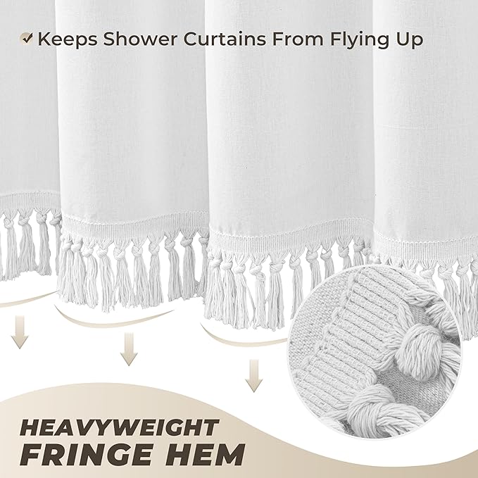 Linen Shower Curtain Boho White Shower Curtain with Tassels 72"W x 84"L | Thick linen-poly blend, soft textured drape, handcrafted fringe, neutral rustic farmhouse bathroom decor