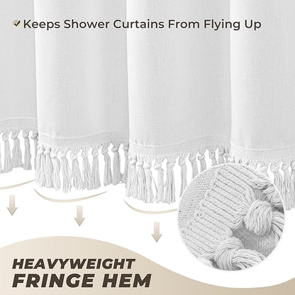 Linen Shower Curtain Boho White Shower Curtain with Tassels 72"W x 84"L | Thick linen-poly blend, soft textured drape, handcrafted fringe, neutral rustic farmhouse bathroom decor