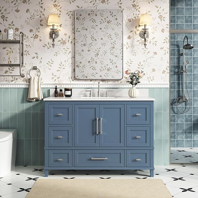 48 Inch Bathroom Vanity with Sink, Fully Assembled Bathroom Vanities with Soft Closing Doors & Dovetail Drawers, 48 Inch Vanity with Sink, Solid Wood, Engineered Stone Top, Steel Blue