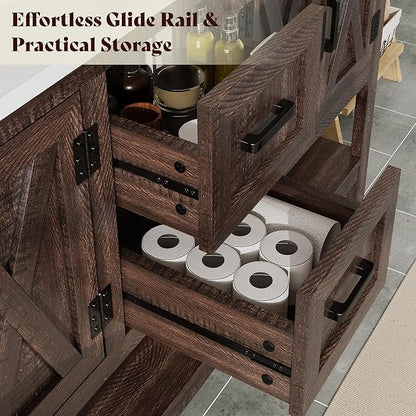 AMERLIFE 60” Farmhouse Bathroom Vanity with Double Sink, Freestanding Cabinet with 2 Drawers, 4 Barn Doors & Open Shelf, Rustic Storage for Master or Family Bathroom, Rustic Brown