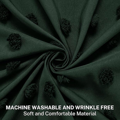 Extra Long Boho Farmhouse Shower Curtain Woven Fabric 84 Inch Dark Green Shower Curtain, 72 x 84 Tufted Pleat Floral Puffs Textured Modern Minimalist Hunter Green Shower Curtain Set for Bathroom