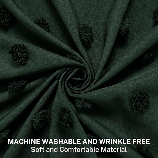 Extra Long Boho Farmhouse Shower Curtain Woven Fabric 84 Inch Dark Green Shower Curtain, 72 x 84 Tufted Pleat Floral Puffs Textured Modern Minimalist Hunter Green Shower Curtain Set for Bathroom