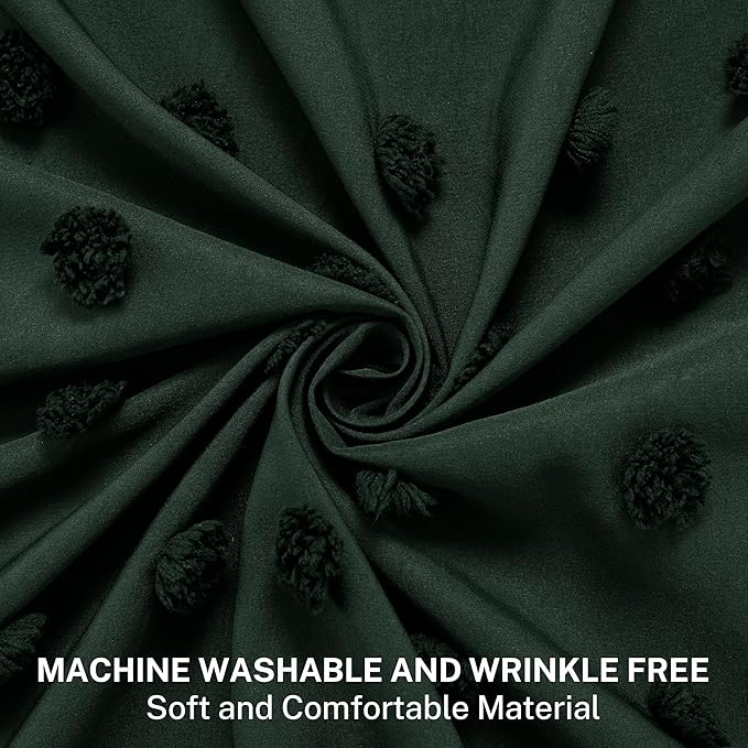 Boho Farmhouse Dark Green Shower Curtain Woven Fabric Shower Curtain, 72 x 72 Tufted Pleat Floral Puffs Textured Modern Farmhouse Minimalist Hunter Green Shower Curtain Set with Hooks for Bathroom
