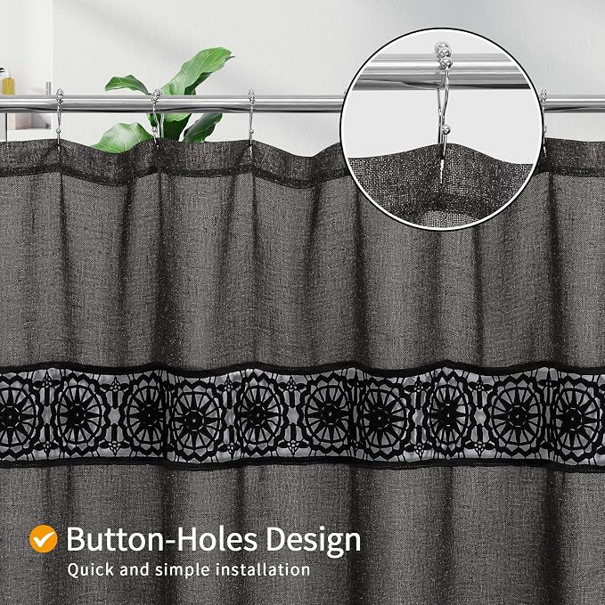 Linen Boho Lace Shower Curtain Liner Set 72x72 | Farmhouse Shower Curtain with Macrame Decor, Bohemian Cotton French Country Bath Curtain , Dark Grey