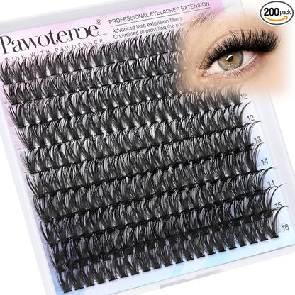 Lash Clusters 200pcs Individual Lashes 50D Cluster Eyelash Extensions 9-16mm Eyelash Clusters Lash Extensions for Self Application (50D, 0.07D, 9-16mm Refill)