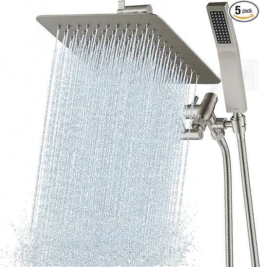 G-Promise All Metal 10" Dual Square Shower Head Combo | Rain Shower Head | Handheld Shower Wand | Adjustable | 3-Way Diverter | 71" Extra Long Hose - A Bathroom Upgrade(Brushed Nickel) | Built to Last, Easy Install, Adjustable Height & Angle for All He...