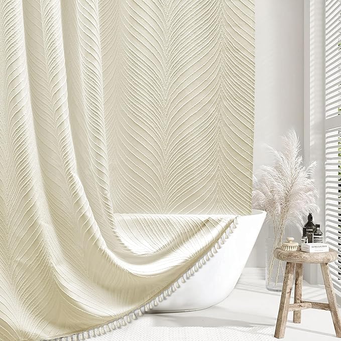 Beige Boho Woven Fabric Shower Curtain, 72 x 72 Tufted Leaves Textured Striped Modern Farmhouse Minimalist Cloth Curtain for Bathroom