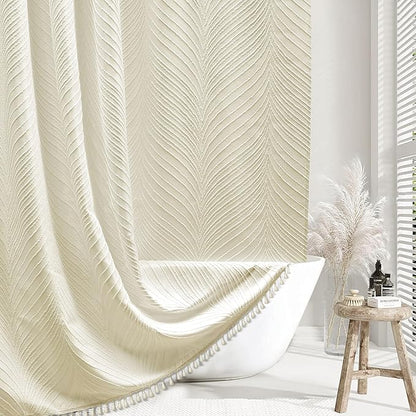Beige Boho Woven Fabric Shower Curtain, 72 x 72 Tufted Leaves Textured Striped Modern Farmhouse Minimalist Cloth Curtain for Bathroom