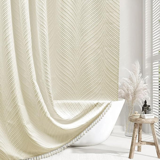 Beige Boho Woven Fabric Shower Curtain, 72 x 72 Tufted Leaves Textured Striped Modern Farmhouse Minimalist Cloth Curtain for Bathroom