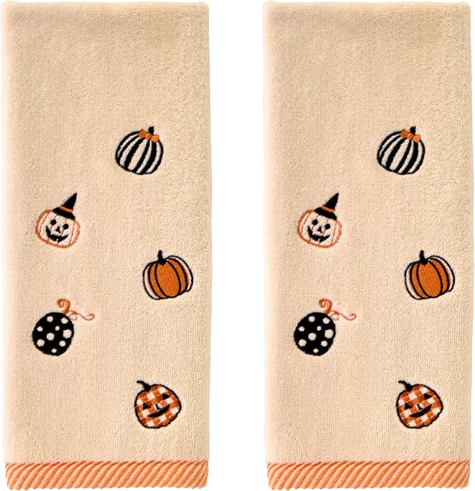 SKL Home Halloween Tossed Pumpkins Hand Towel Set-2pc, 100% Cotton, Taupe | Soft, embroidered velour. Great for the bathroom, kitchen or bar & gifting.
