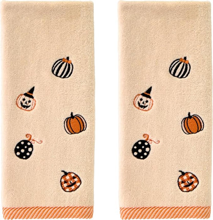 SKL Home Halloween Tossed Pumpkins Hand Towel Set-2pc, 100% Cotton, Taupe | Soft, embroidered velour. Great for the bathroom, kitchen or bar & gifting.