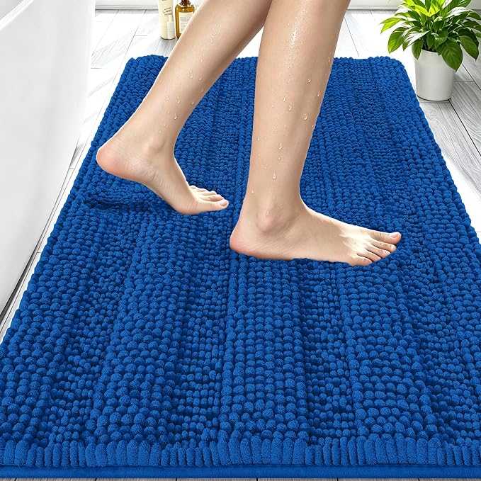 Smiry Thick Chenille Bathroom Rugs 30x20, Soft Bath Mat, Deep Navy Blue | Quick‑Dry & Machine Washable, Non‑Slip Bath Carpet, Striped Bath Rugs for Tub & Shower, Modern Home Decor Accessories