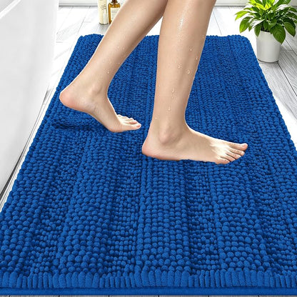 Smiry Thick Chenille Bathroom Rugs 30x20, Soft Bath Mat, Deep Navy Blue | Quick‑Dry & Machine Washable, Non‑Slip Bath Carpet, Striped Bath Rugs for Tub & Shower, Modern Home Decor Accessories