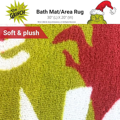 Grinch by Dr. Seuss Christmas Non Slip Plush Poly Knit Bathroom Mat Rug, 20"x30", (Officially Licensed Product) By Franco
