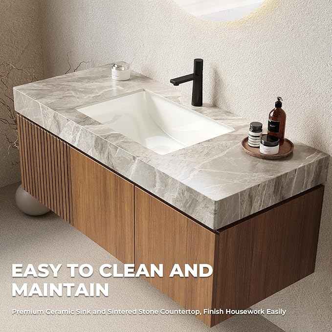 LKTART Floating 48 Inch Bathroom Vanity with Sink, Modern Plywood Wall Mounted Bathroom Storage Cabinet with 2 Doors and 1 Drawer, Light Gray Sintered Stone Countertop and Ceramic Basins